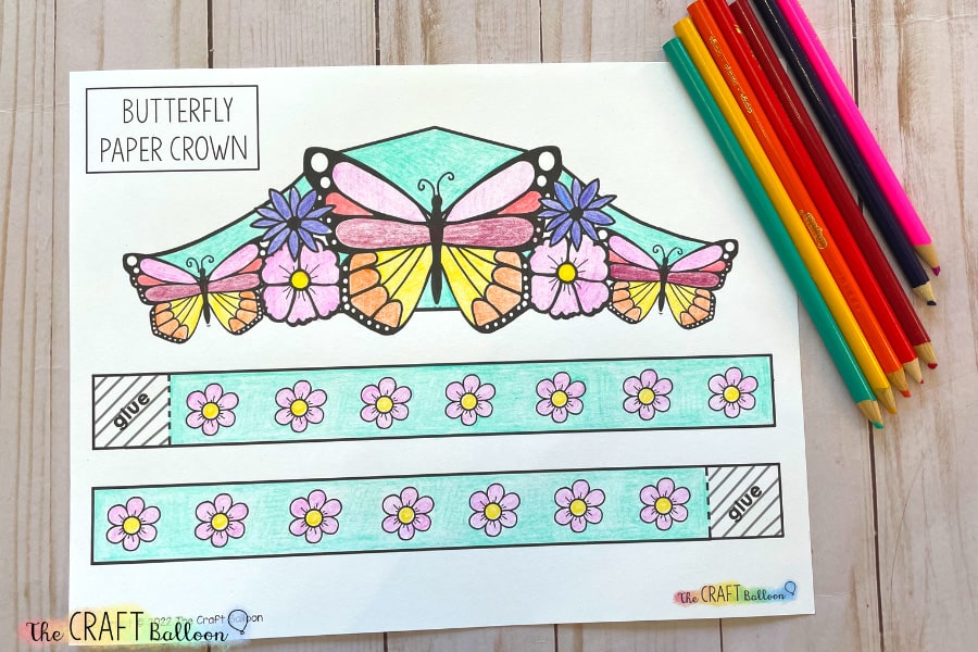 BUTTERFLY PAPER CROWN PRINTABLE (COLOURED-IN)