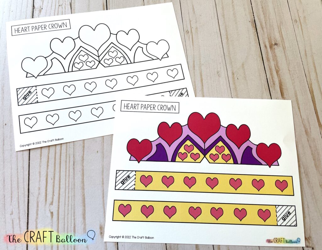 Heart paper crown printed templates - both in colour and in black ink