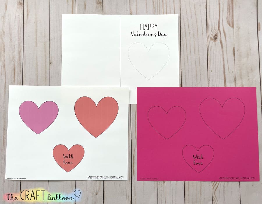 Heart balloon card template - one printed in coloured ink and one in black ink.