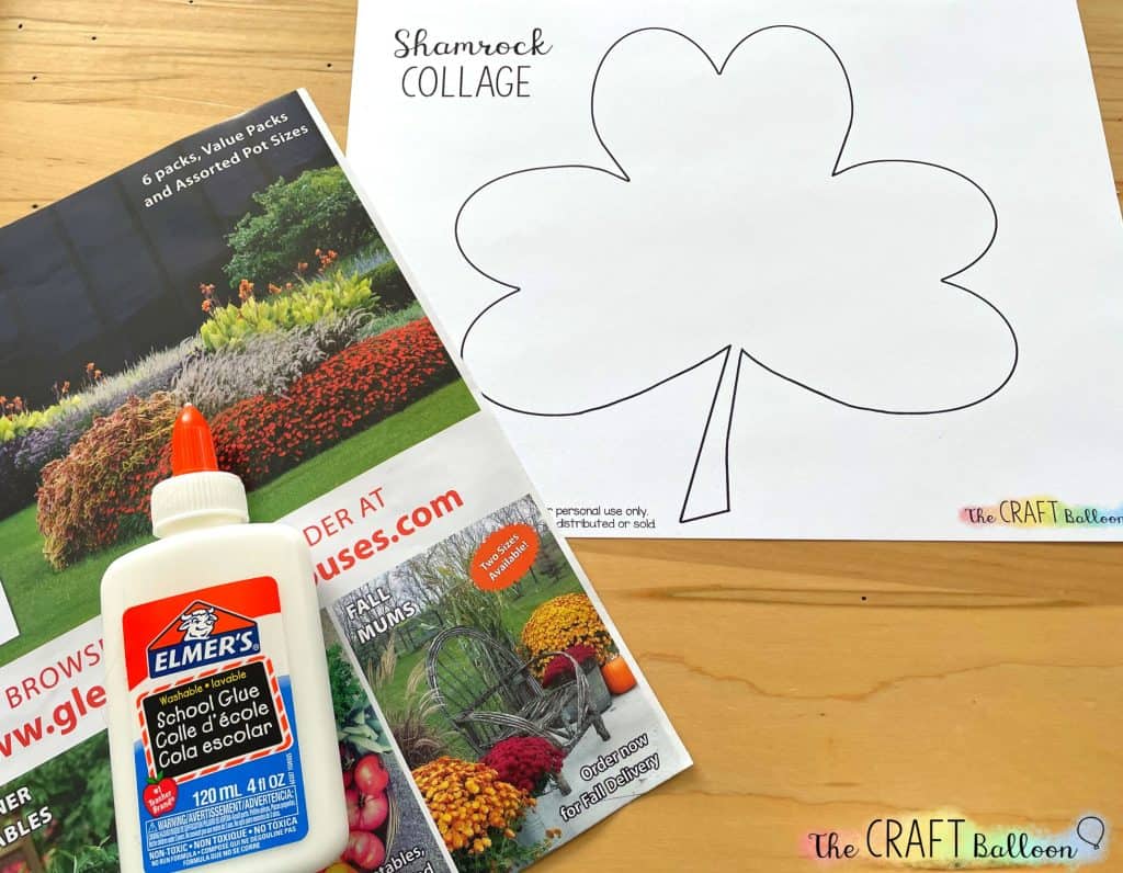 shamrock printable template, glue and magazine pages